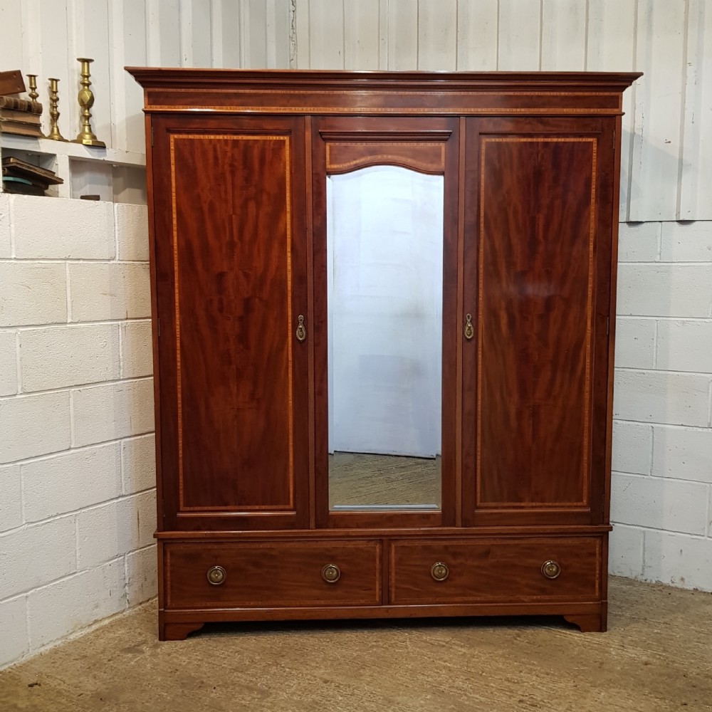 ANTIQUE EDWARDIAN INLAID MAHOGANY TRIPLE WARDROBE C1900 View II