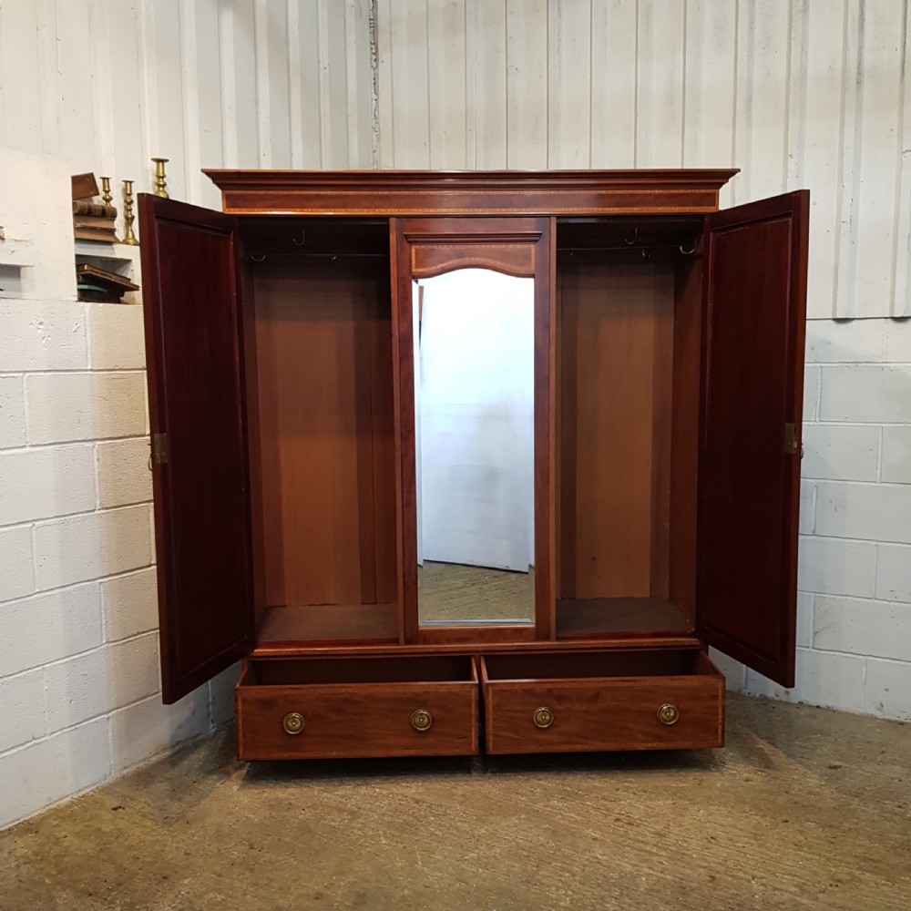 ANTIQUE EDWARDIAN INLAID MAHOGANY TRIPLE WARDROBE C1900 View IV
