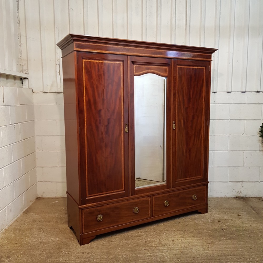 ANTIQUE EDWARDIAN INLAID MAHOGANY TRIPLE WARDROBE C1900 View V