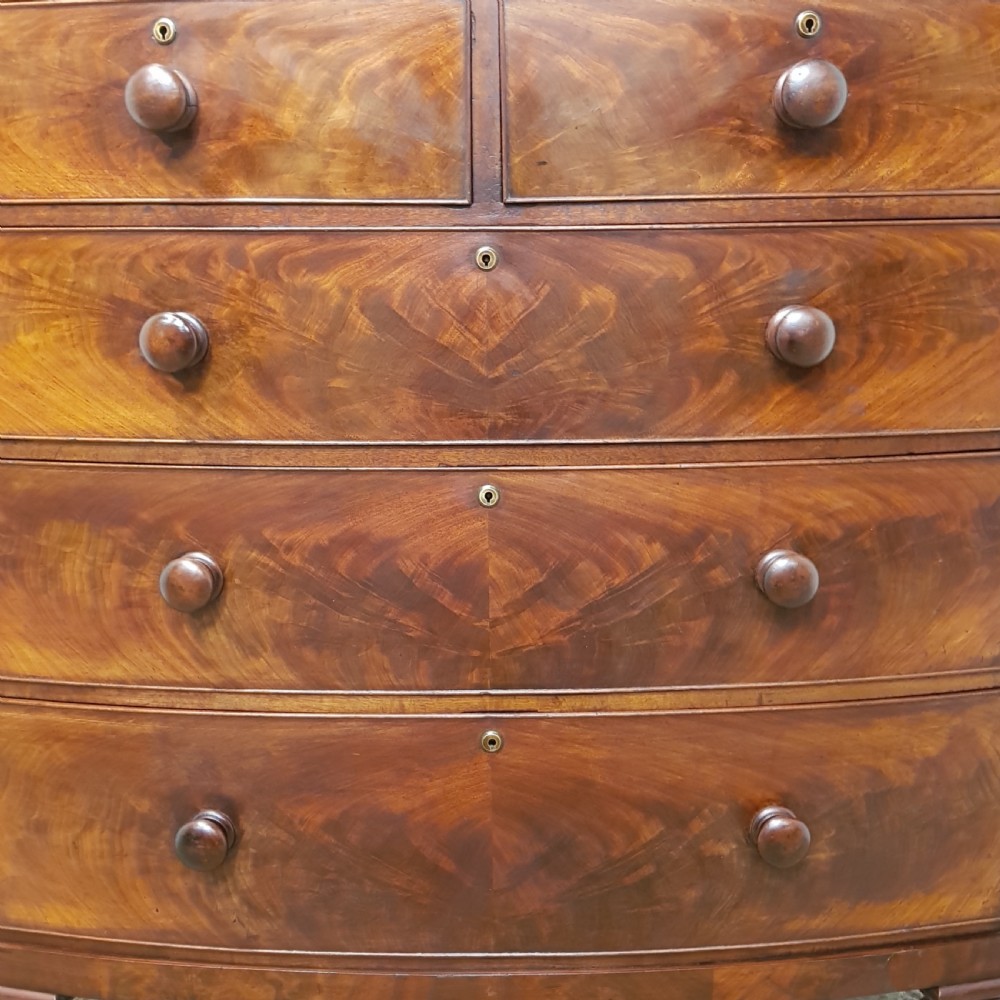 ANTIQUE VICTORIAN FLAMED MAHOGANY BOW FRONT CHEST OF DRAWERS C1880 View III