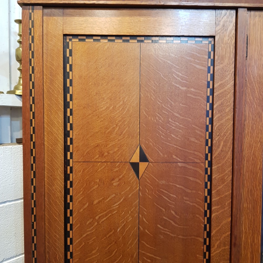 ANTIQUE ARTS & CRAFTS INLAID OAK TRIPLE WARDROBE C1890 View V