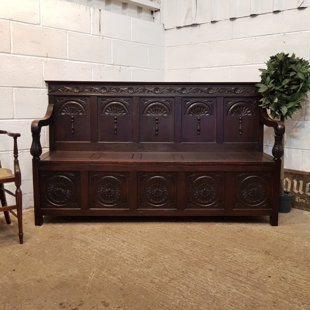 ANTIQUE VICTORIAN CARVED OAK BOX SETTLE C1880