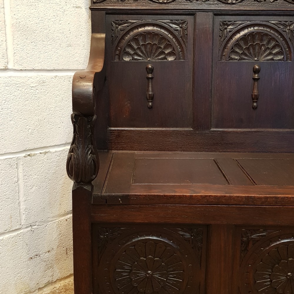 ANTIQUE VICTORIAN CARVED OAK BOX SETTLE C1880 View IV
