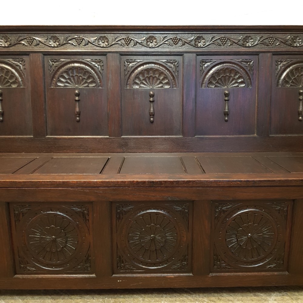ANTIQUE VICTORIAN CARVED OAK BOX SETTLE C1880 View V