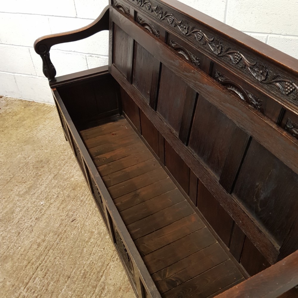 ANTIQUE VICTORIAN CARVED OAK BOX SETTLE C1880 View VI