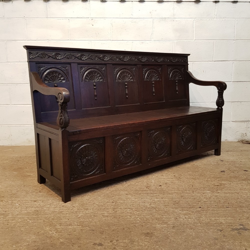 ANTIQUE VICTORIAN CARVED OAK BOX SETTLE C1880 View VIII