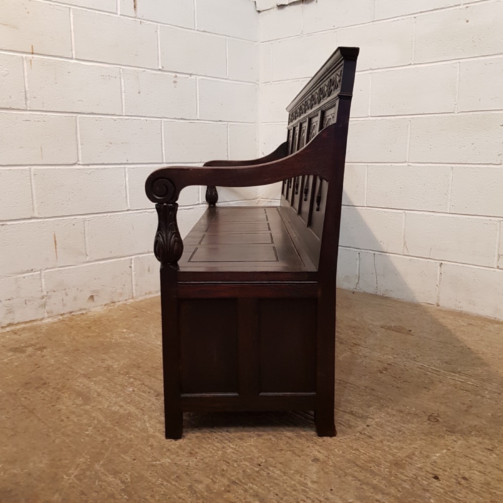 ANTIQUE VICTORIAN CARVED OAK BOX SETTLE C1880 View IX