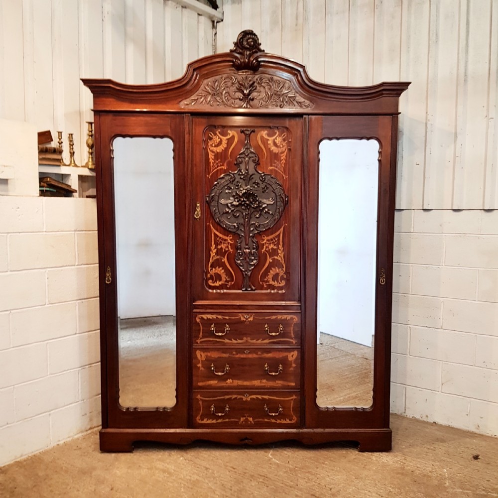 ANTIQUE ART NOUVEAU INLAID & CARVED MAHOGANY TRIPLE WARDROBE C1890 View II