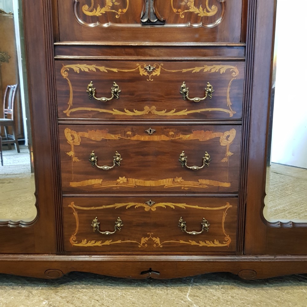 ANTIQUE ART NOUVEAU INLAID & CARVED MAHOGANY TRIPLE WARDROBE C1890 View III