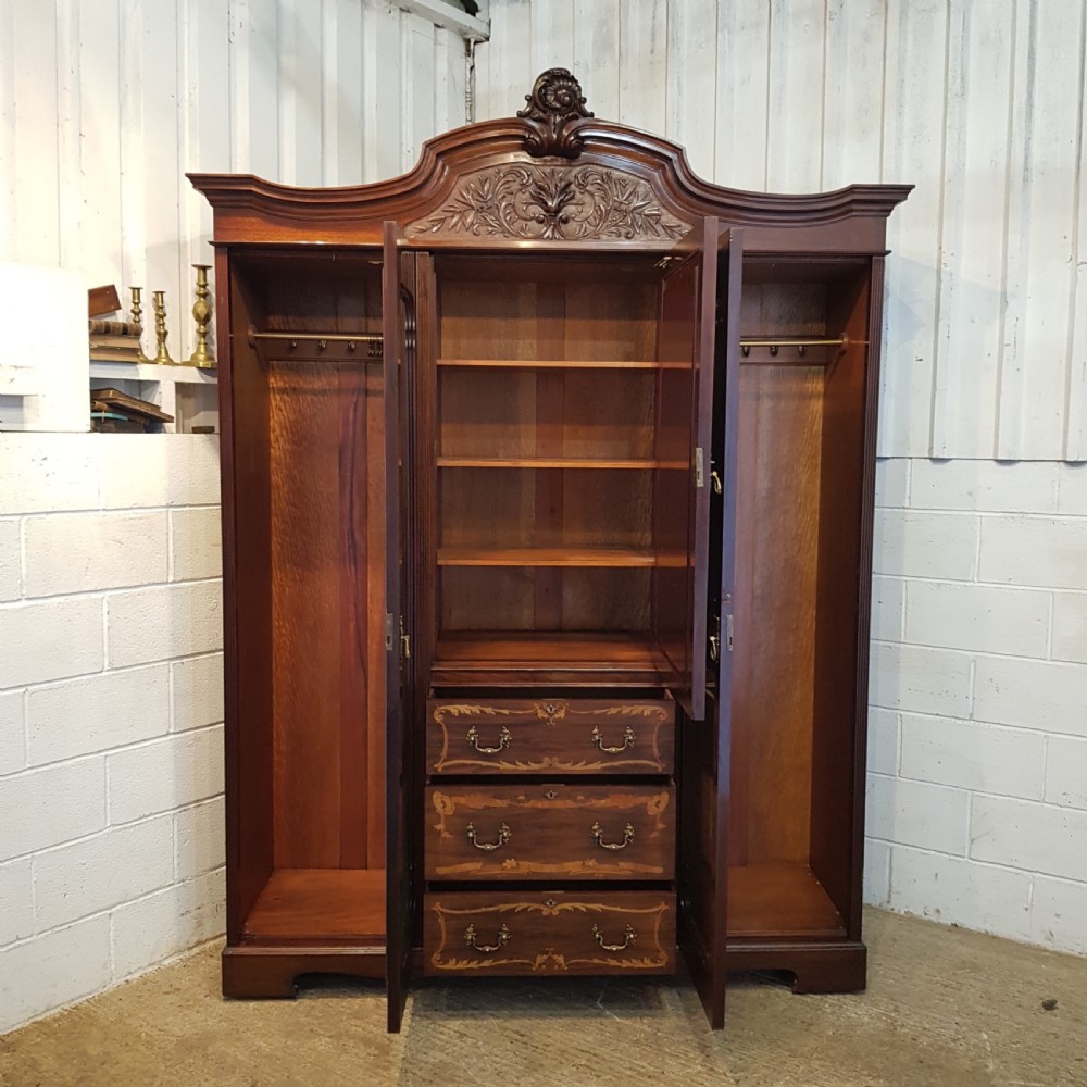 ANTIQUE ART NOUVEAU INLAID & CARVED MAHOGANY TRIPLE WARDROBE C1890 View VII