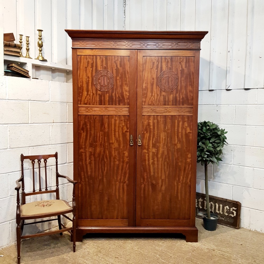 ANTIQUE LATE VICTORIAN MAHOGANY ARTS & CRAFTS DOUBLE WARDROBE C1890