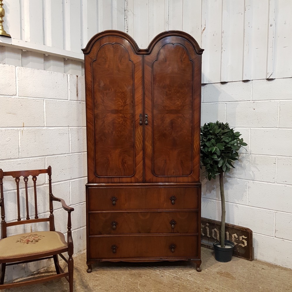 ANTIQUE BURR WALNUT QUEEN ANNE DOUBKE DOME TOP WARDROBE PRESS C1920