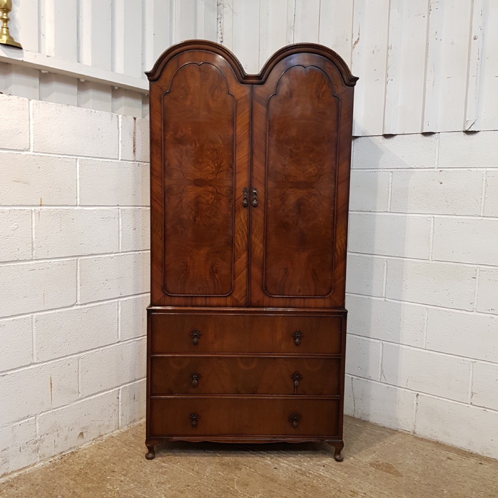 ANTIQUE BURR WALNUT QUEEN ANNE DOUBKE DOME TOP WARDROBE PRESS C1920 View II