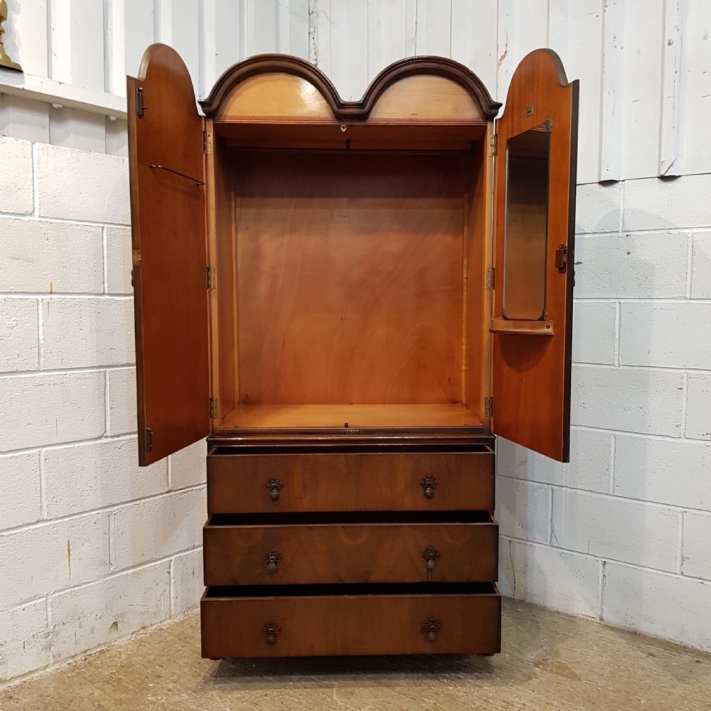 ANTIQUE BURR WALNUT QUEEN ANNE DOUBKE DOME TOP WARDROBE PRESS C1920 View VI