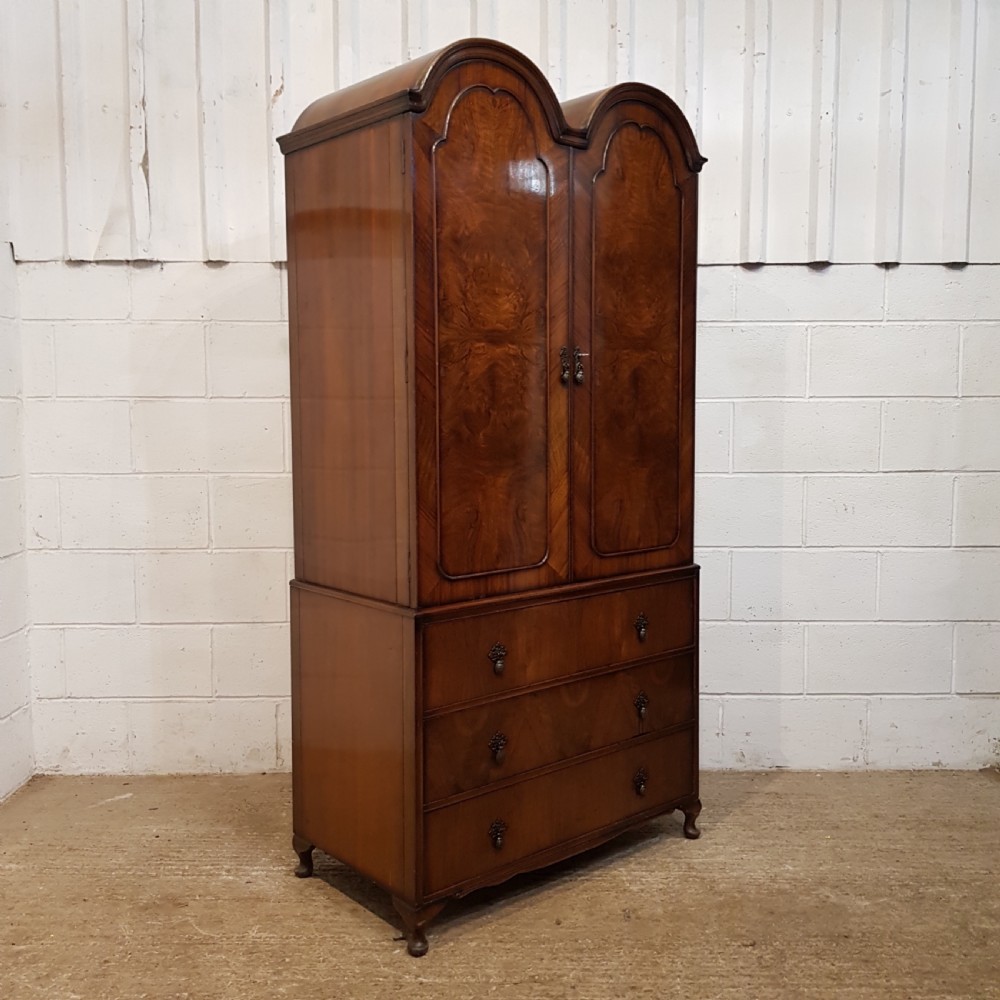 ANTIQUE BURR WALNUT QUEEN ANNE DOUBKE DOME TOP WARDROBE PRESS C1920 View VII