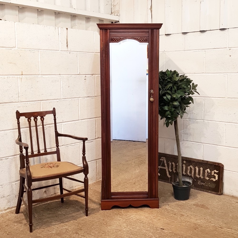 ANTIQUE EDWARDIAN MAHOGANY TALL NATROW MIRROR FRONTED CHEST OF DRAWERS C1900