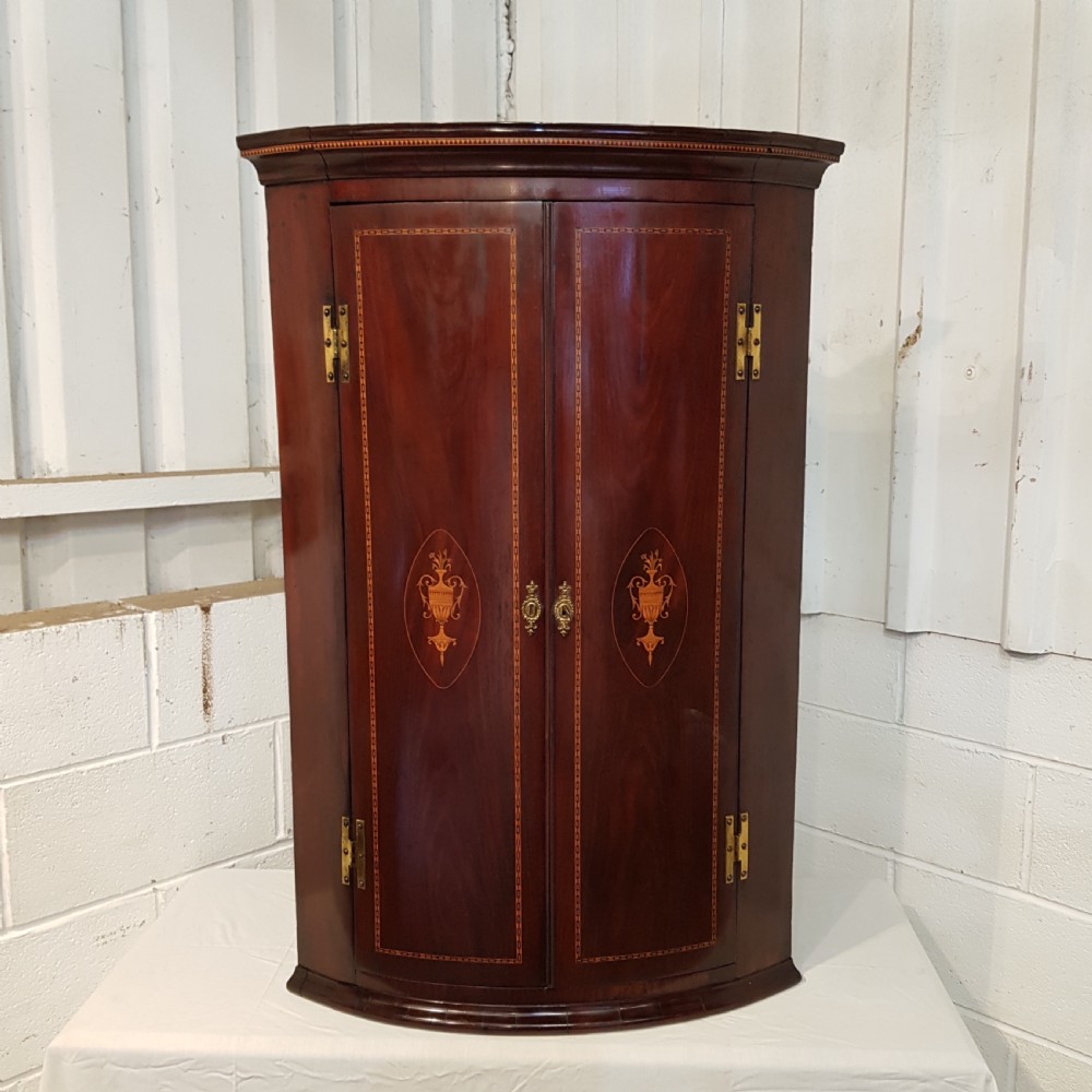 ANTIQUE REGENCY INLAID MAHOGANY BOW FRONT CORNER CABINET C1820