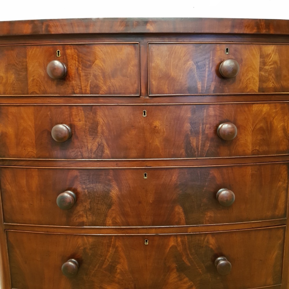 ANTIQUE VICTORIAN FLAMED MAHOGANY BOW FRONT CHEST OF DRAWERS C1880 View IV