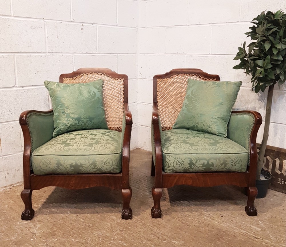 ANTIQUE PAIR SPLIT CANE BERGER MAHOGANY FRAMED ARMCHAIRS C1910