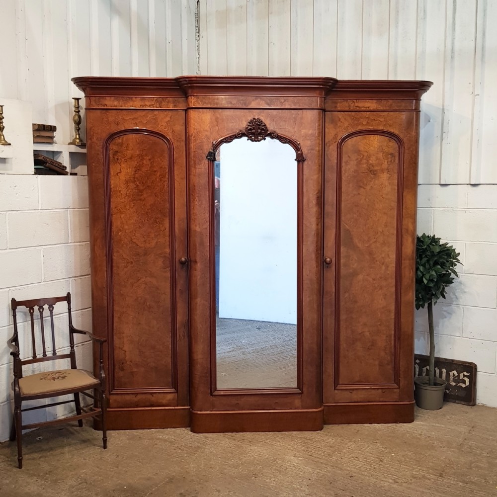 ANTIQUE VICTORIAN BURR WALNUT BREAKFRONT TRIPLE WARDROBE C1880