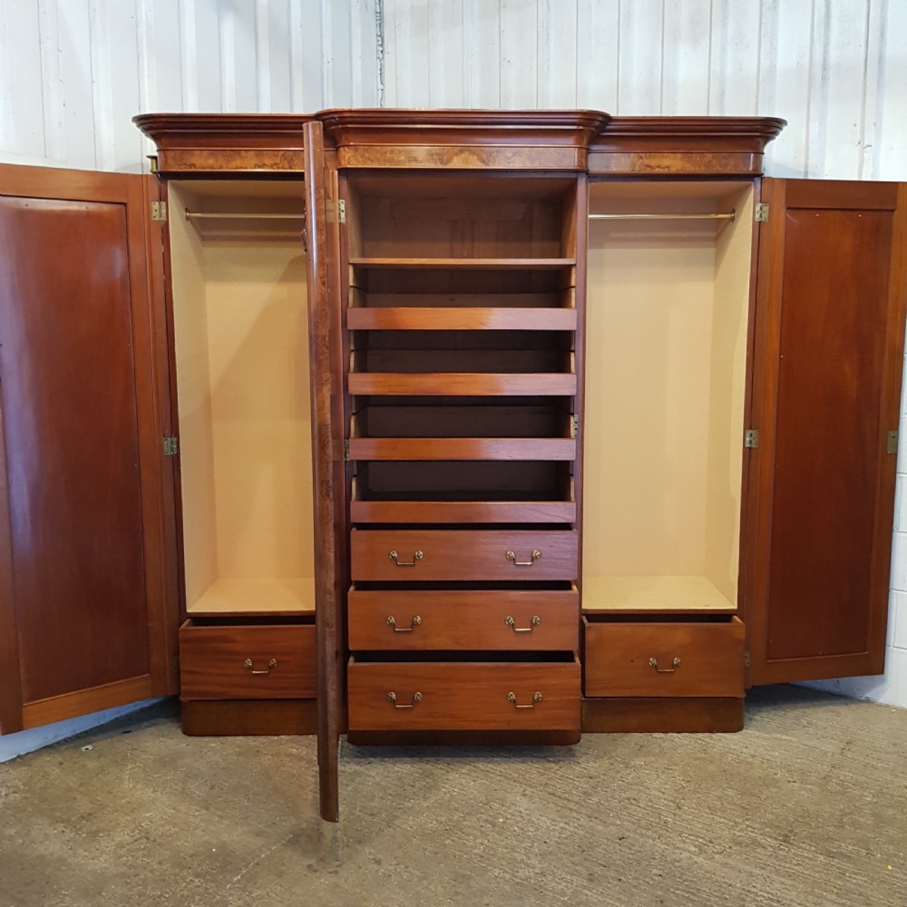 ANTIQUE VICTORIAN BURR WALNUT BREAKFRONT TRIPLE WARDROBE C1880 View VII