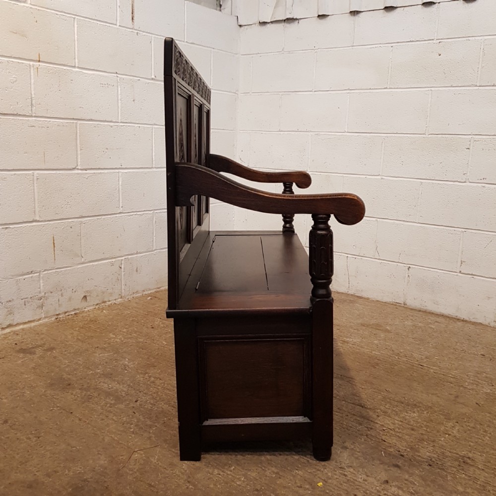 ANTIQUE EDWARDIAN CARVED OAK BOX SETTLE C1900 View II