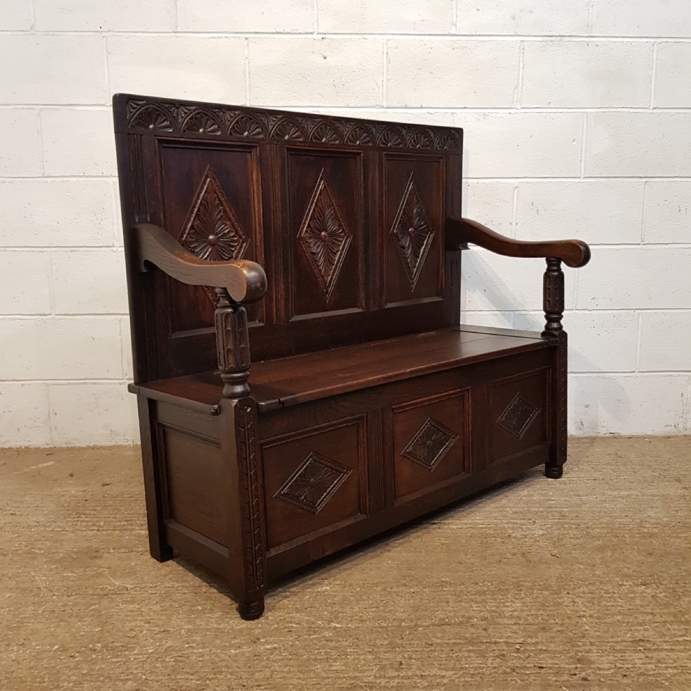 ANTIQUE EDWARDIAN CARVED OAK BOX SETTLE C1900 View IV