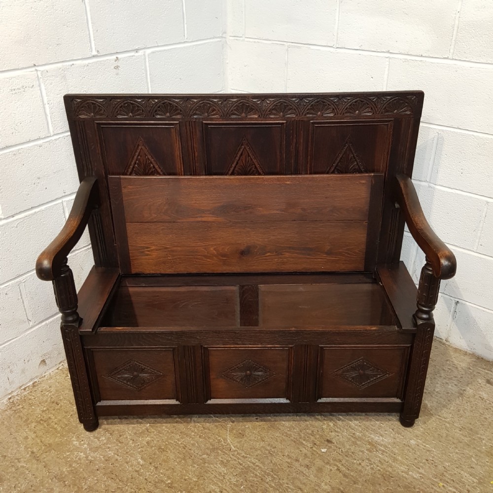 ANTIQUE EDWARDIAN CARVED OAK BOX SETTLE C1900 View V