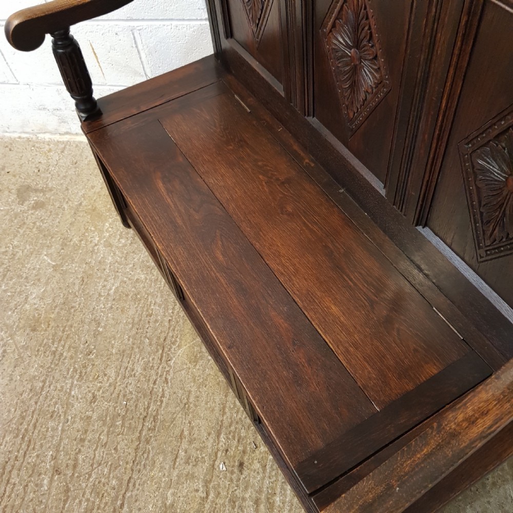 ANTIQUE EDWARDIAN CARVED OAK BOX SETTLE C1900 View VIII