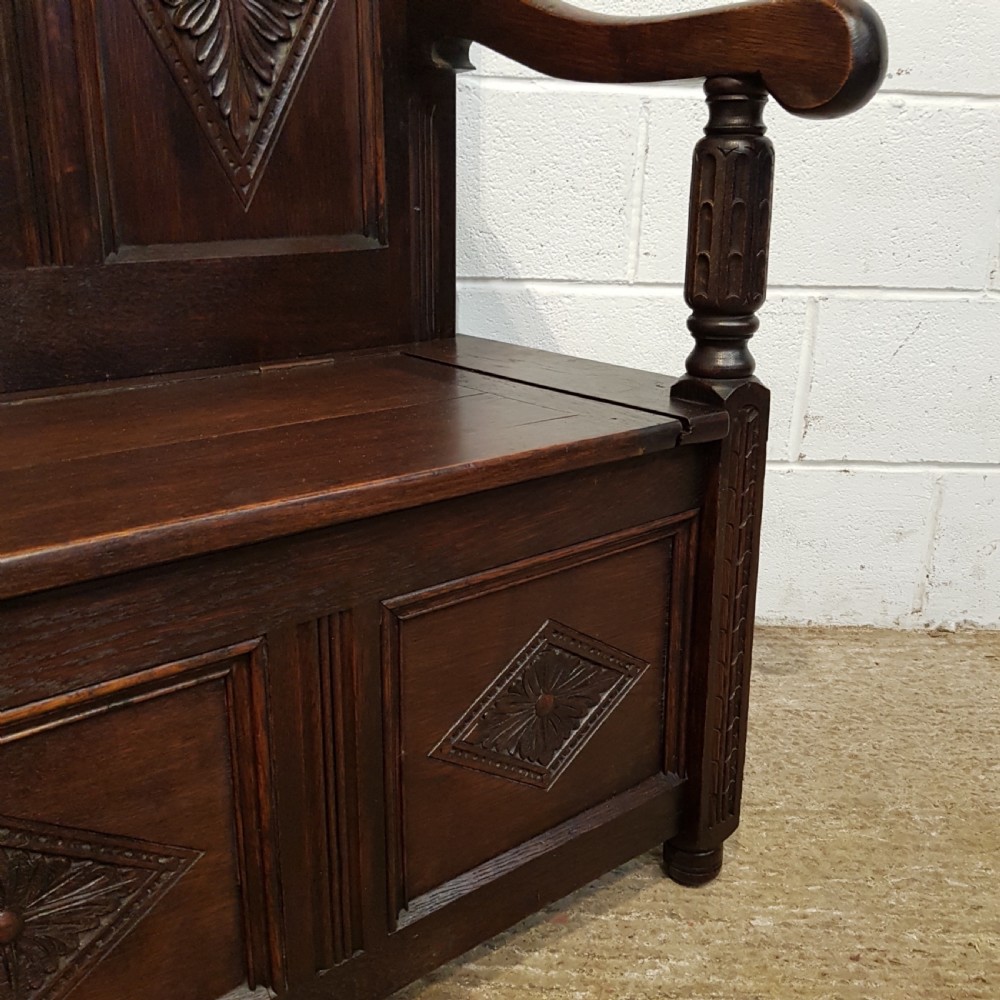 ANTIQUE EDWARDIAN CARVED OAK BOX SETTLE C1900 View X