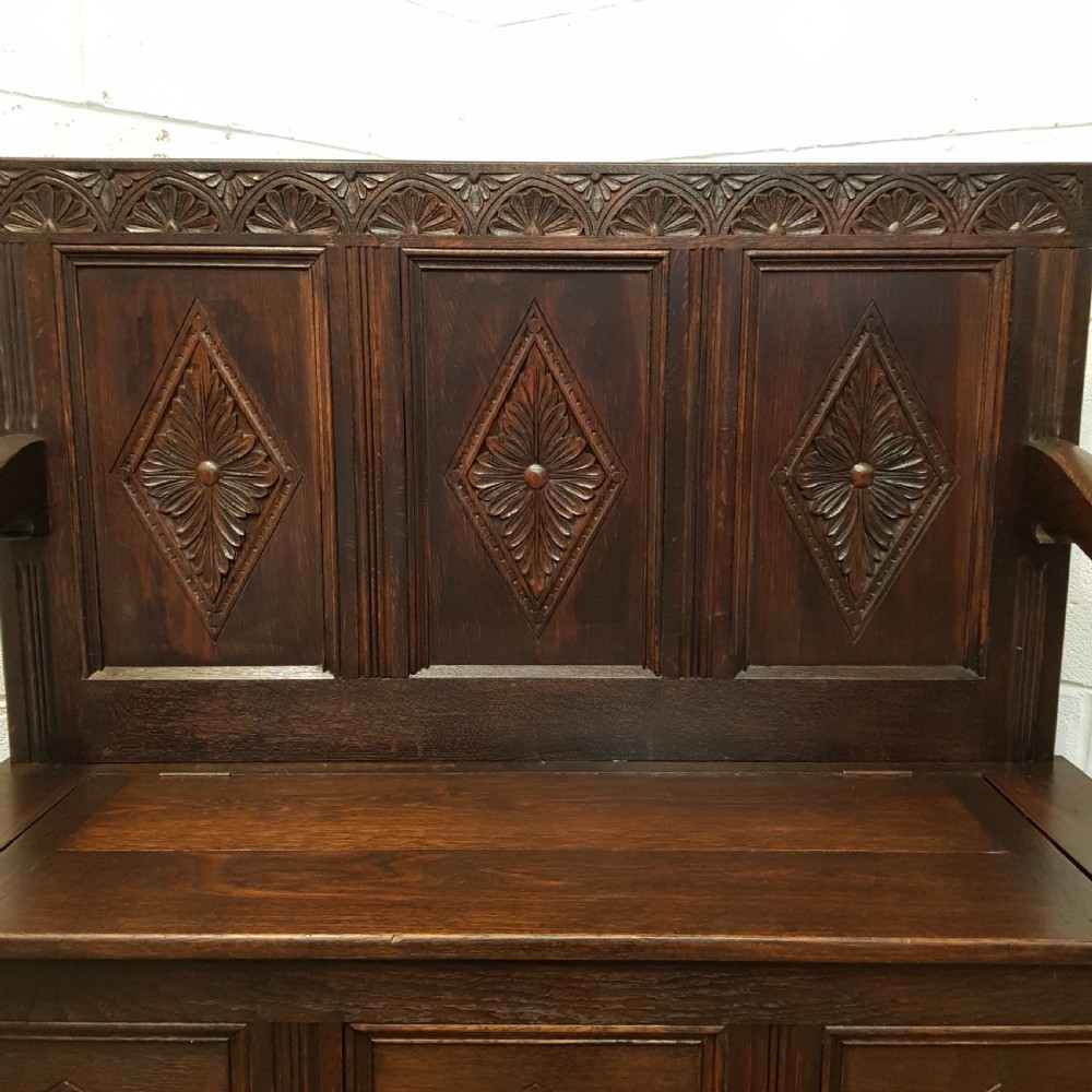 ANTIQUE EDWARDIAN CARVED OAK BOX SETTLE C1900 View XI