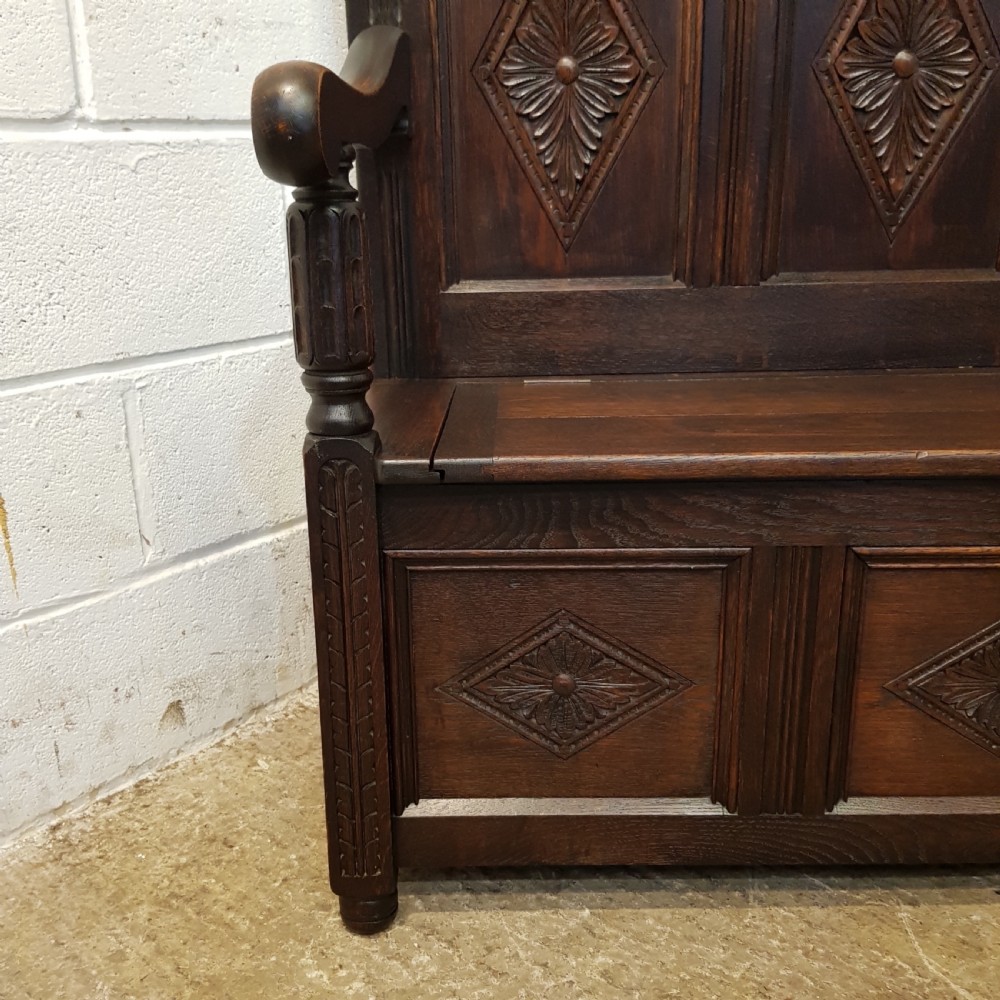 ANTIQUE EDWARDIAN CARVED OAK BOX SETTLE C1900 View XII