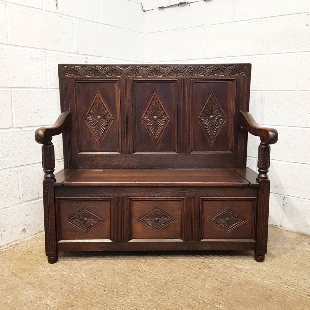 ANTIQUE EDWARDIAN CARVED OAK BOX SETTLE C1900 View XIII
