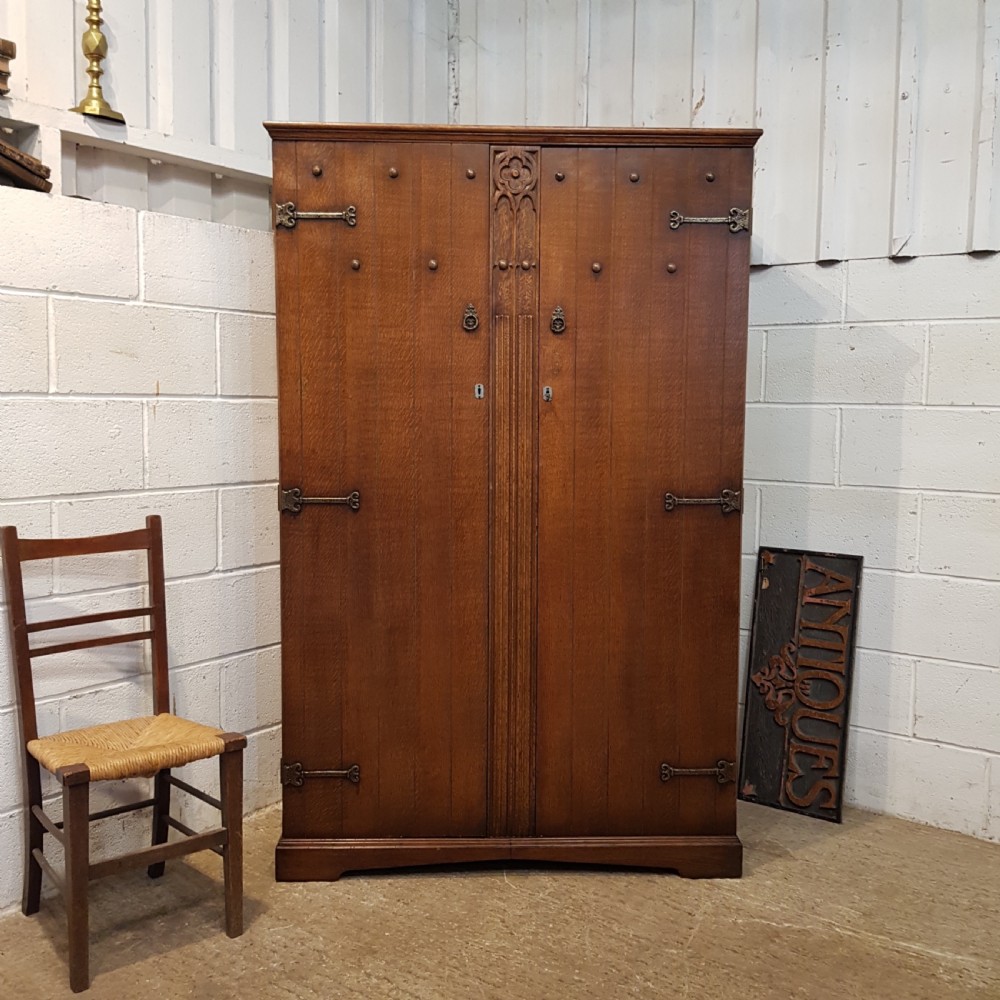 ANTIQUE CARVED OAK DOUBLE WARDROBE C1920