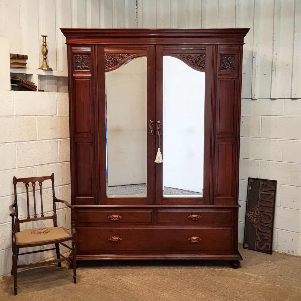 ANTIQUE LATE VICTORIAN ART NOUVEAU MAHOGANY DOUBLE WARDROBE C1890