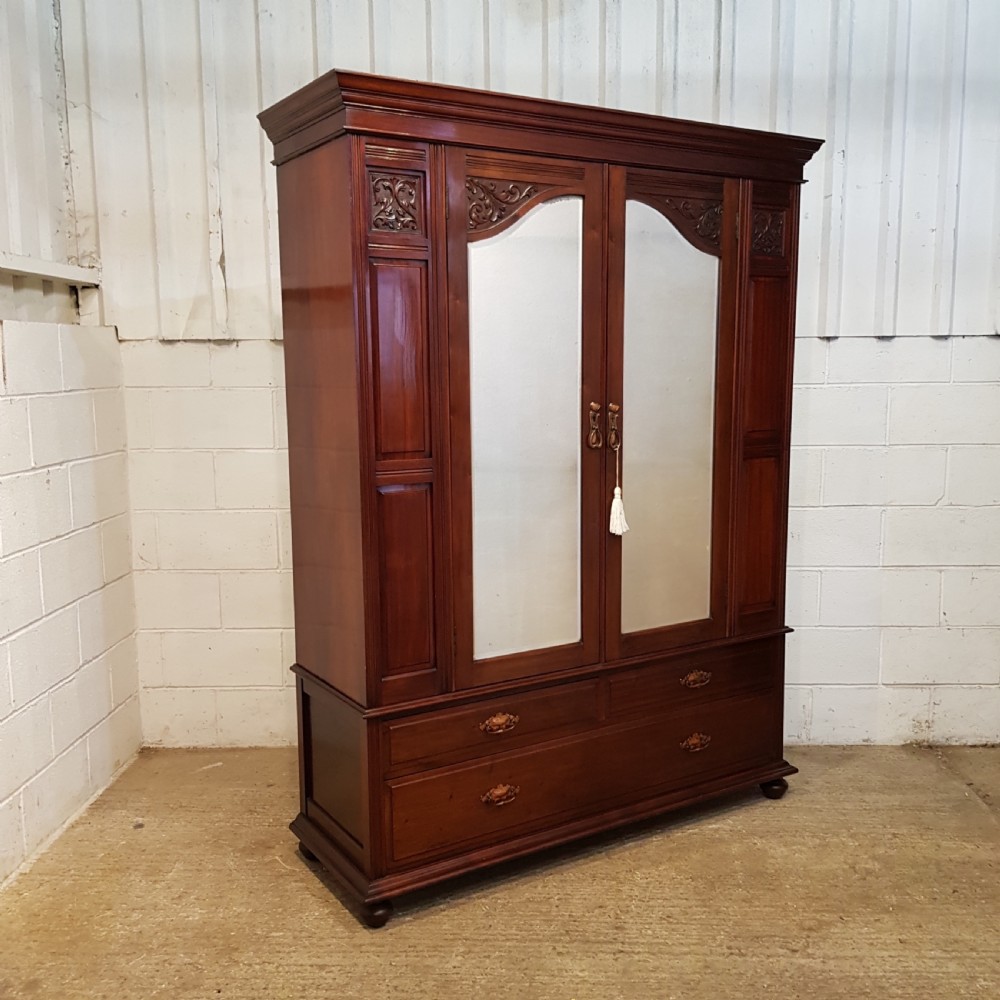 ANTIQUE LATE VICTORIAN ART NOUVEAU MAHOGANY DOUBLE WARDROBE C1890 View V