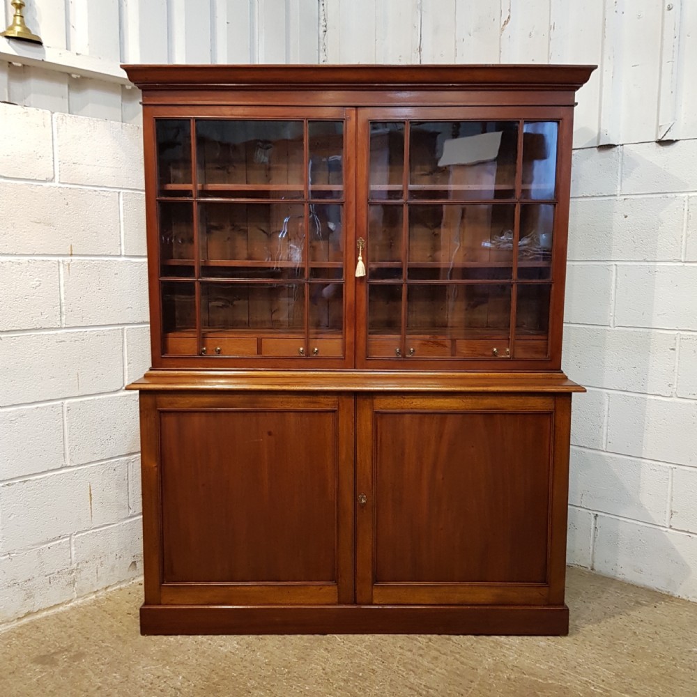 ANTIQUE EDWARDIAN LOW MAHOGANY GLAZED BOOKCASE ON CUPBOARD C1900 View II