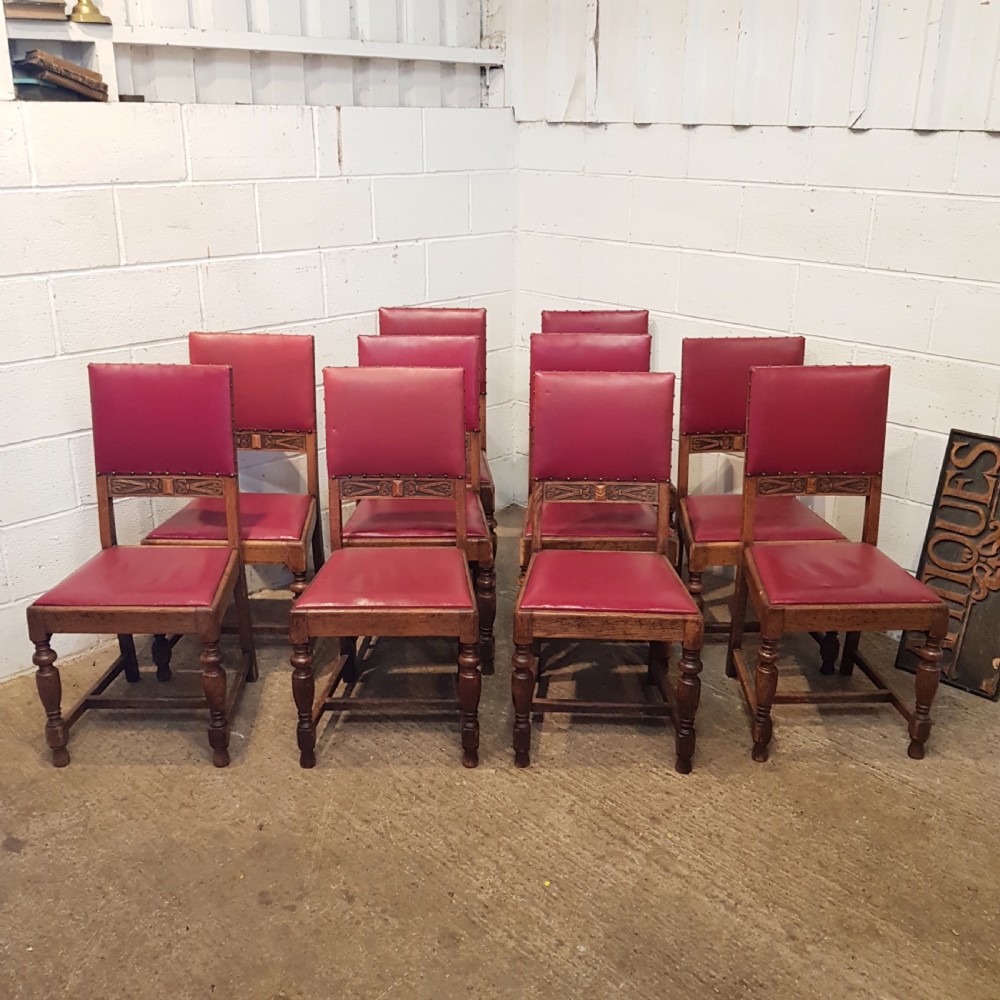 ANTIQUE SET OF TEN OAK DINING CHAIRS C1920