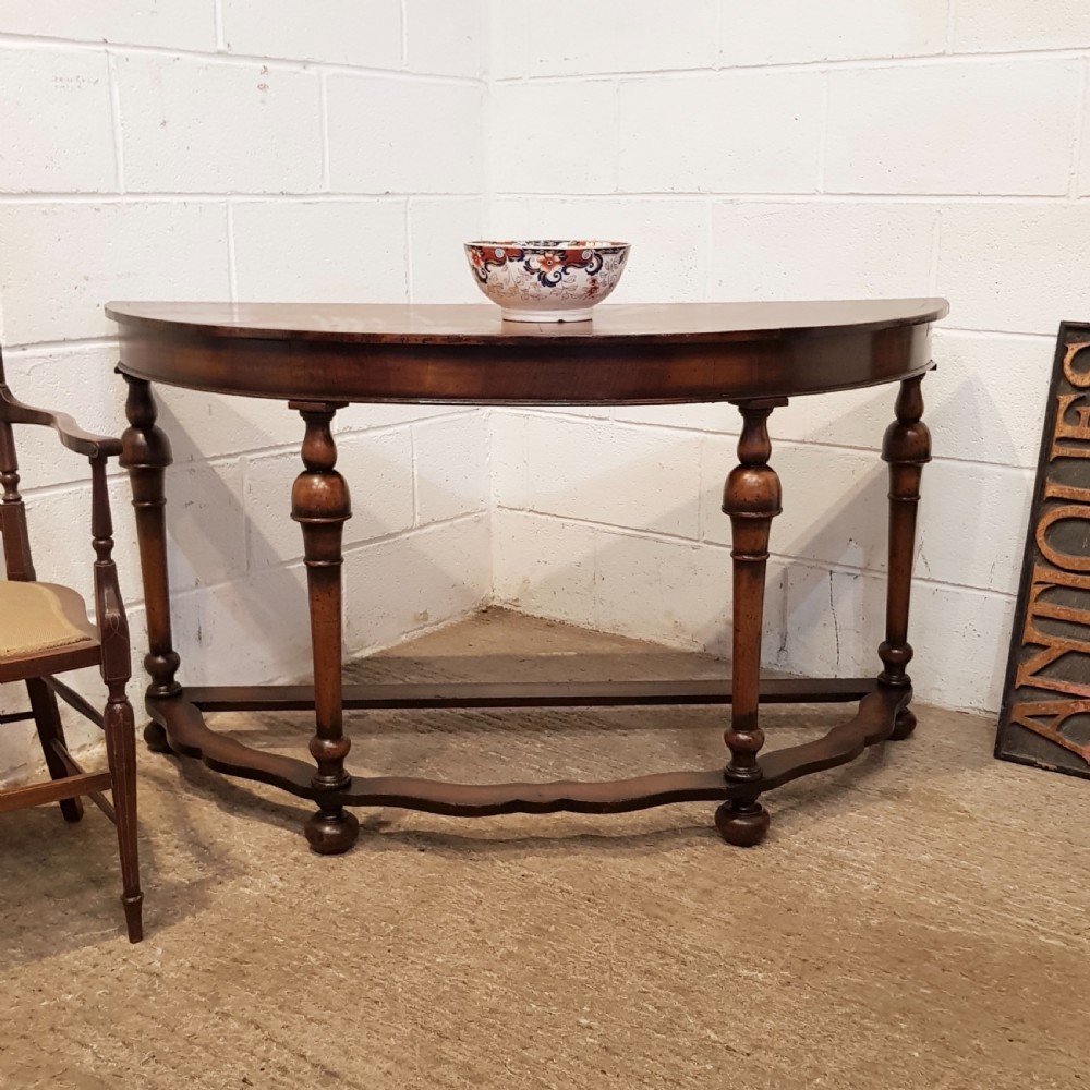 ANTIQUE BURR WALNUT DEMI LUNE HALL TABLE C1920
