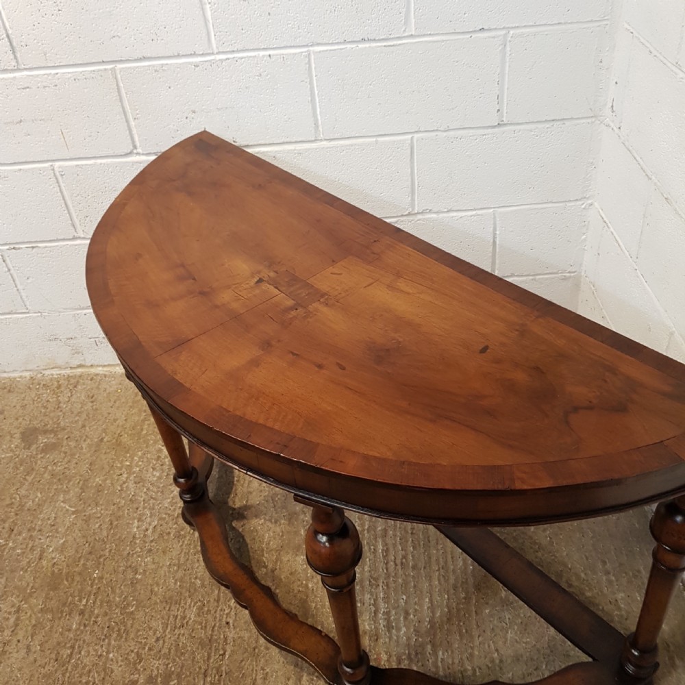 ANTIQUE BURR WALNUT DEMI LUNE HALL TABLE C1920 View V