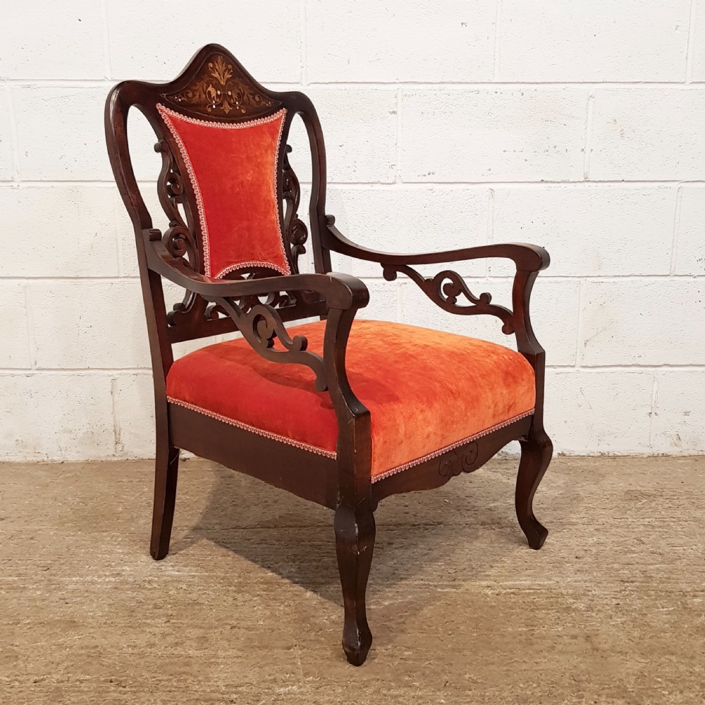 ANTIQUE ART NOUVEAU MAHOGANY SALON ARMCHAIR C1890