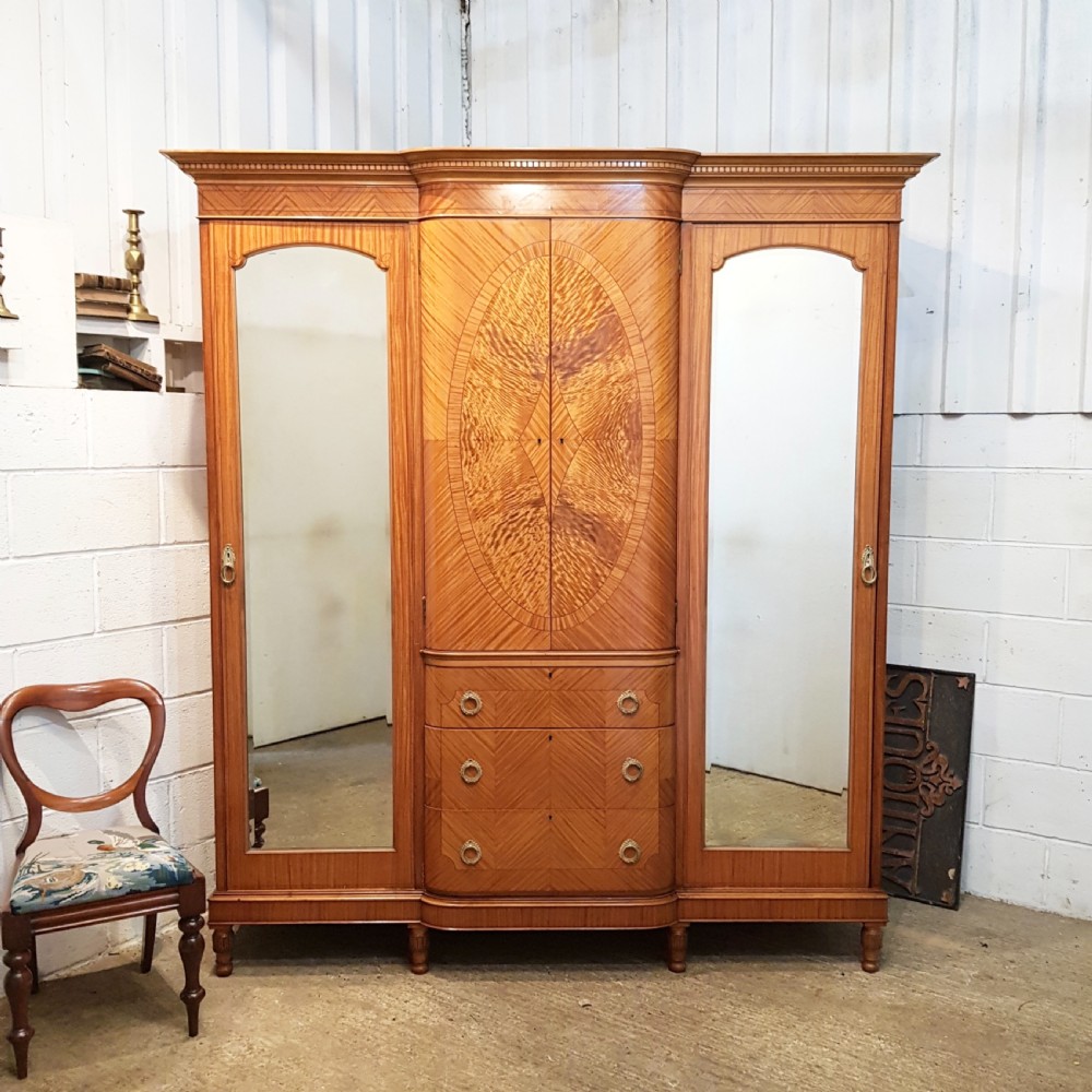 ANTIQUE EDWARDIAN SATINWOOD BREAKFRONT TRIPLE WARDROBE C1900