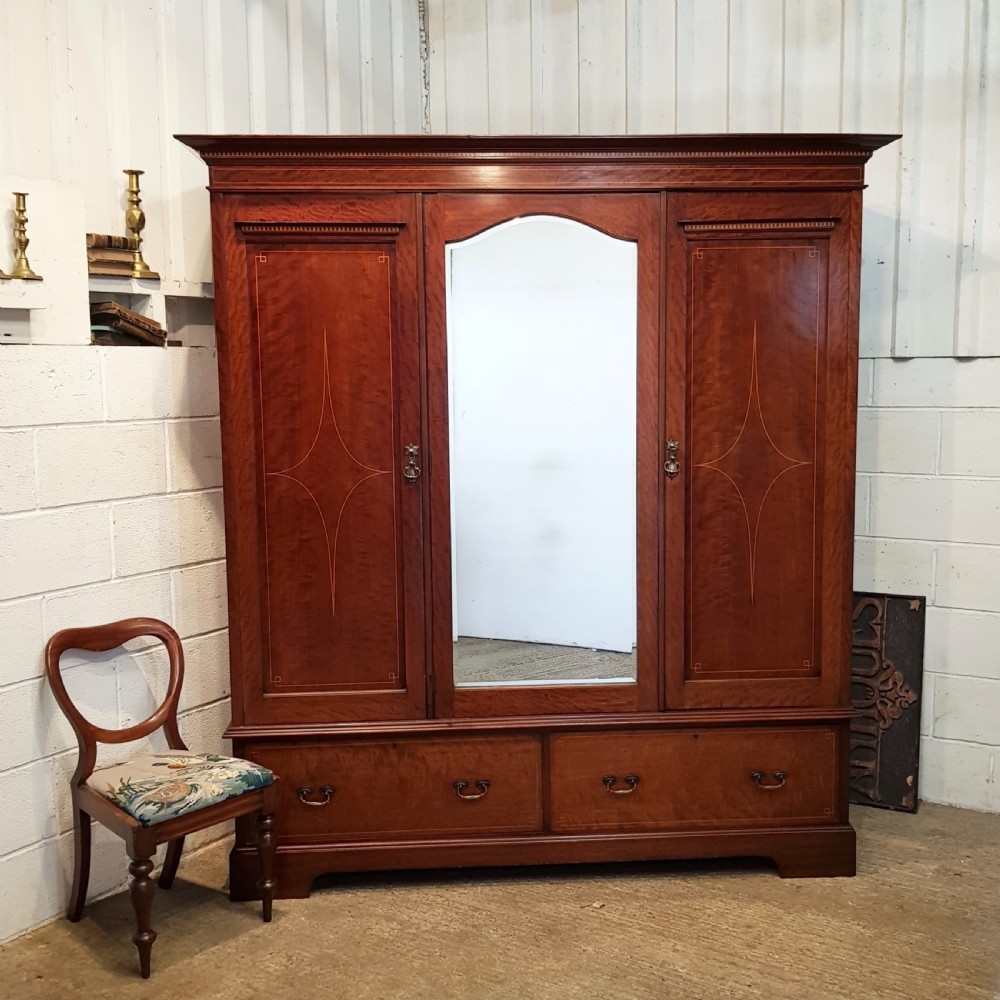ANTIQUE EDWARDIAN INLAID MAHOGANY TRIPLE WARDROBE C1900