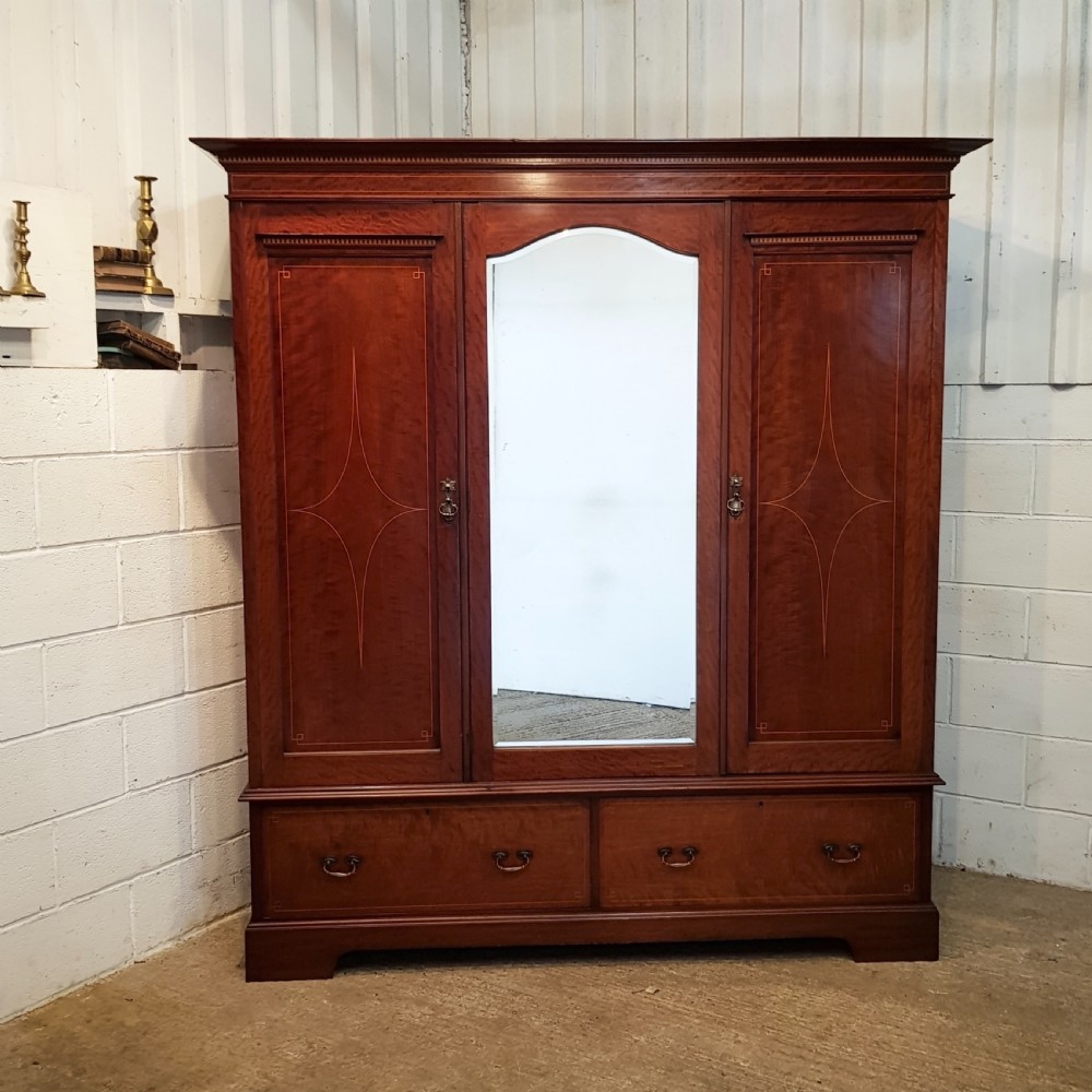 ANTIQUE EDWARDIAN INLAID MAHOGANY TRIPLE WARDROBE C1900 View II