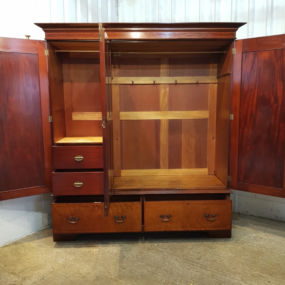 ANTIQUE EDWARDIAN INLAID MAHOGANY TRIPLE WARDROBE C1900 View VI