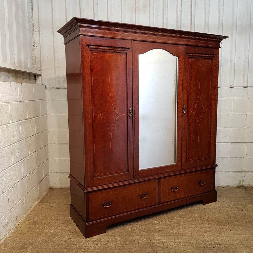 ANTIQUE EDWARDIAN INLAID MAHOGANY TRIPLE WARDROBE C1900 View VII
