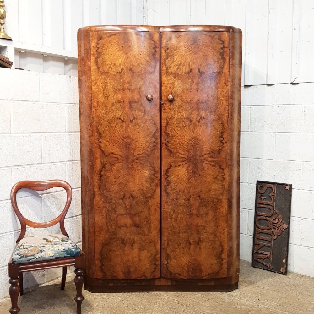 ANTIQUE ART DECO BURR WALNUT DOUBLE WARDROBE C1920