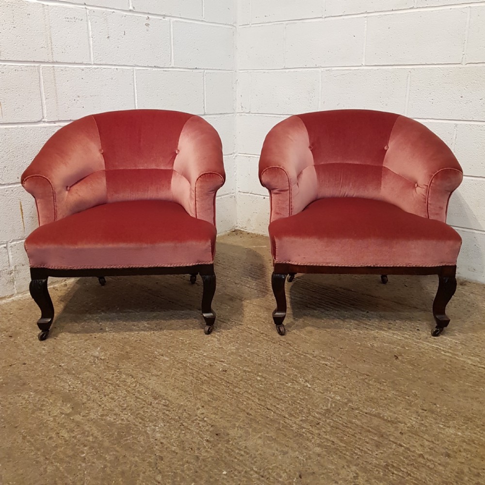 ANTIQUE PAIR EDWARDIAN SALON TUB CHAIRS C 1900 View III