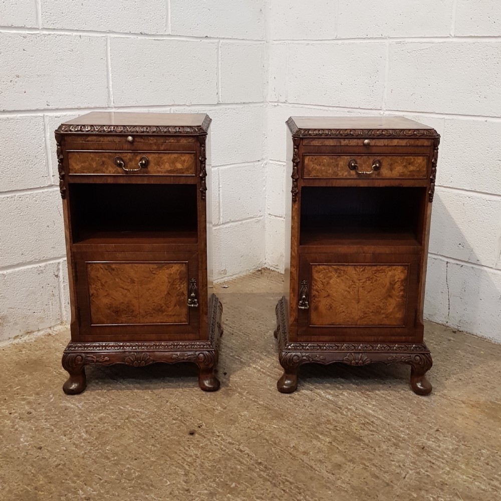 ANTIQUE PAIR BURR WALNUT BEDSIDE CABINETS C1920 View V