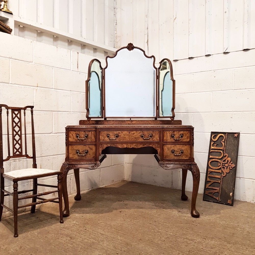 ANTIQUE BURR WALNUT SERPENTINE SHAPED DRESING TABLE C1920